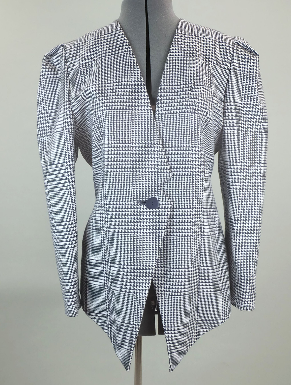 Extravagant jacket blazer 80s houndstooth pattern blue white size 38