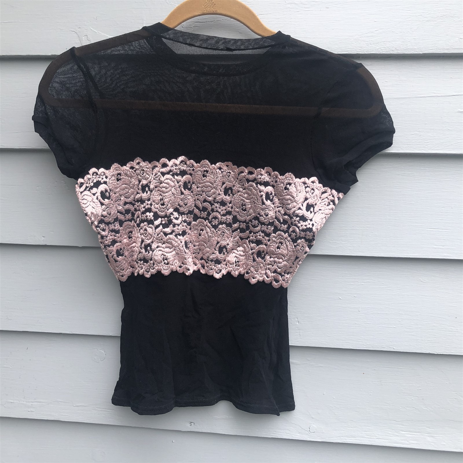 Vintage Black Sheer Mesh Camisole Wide Pink Lace Band Under Layer Garment Small