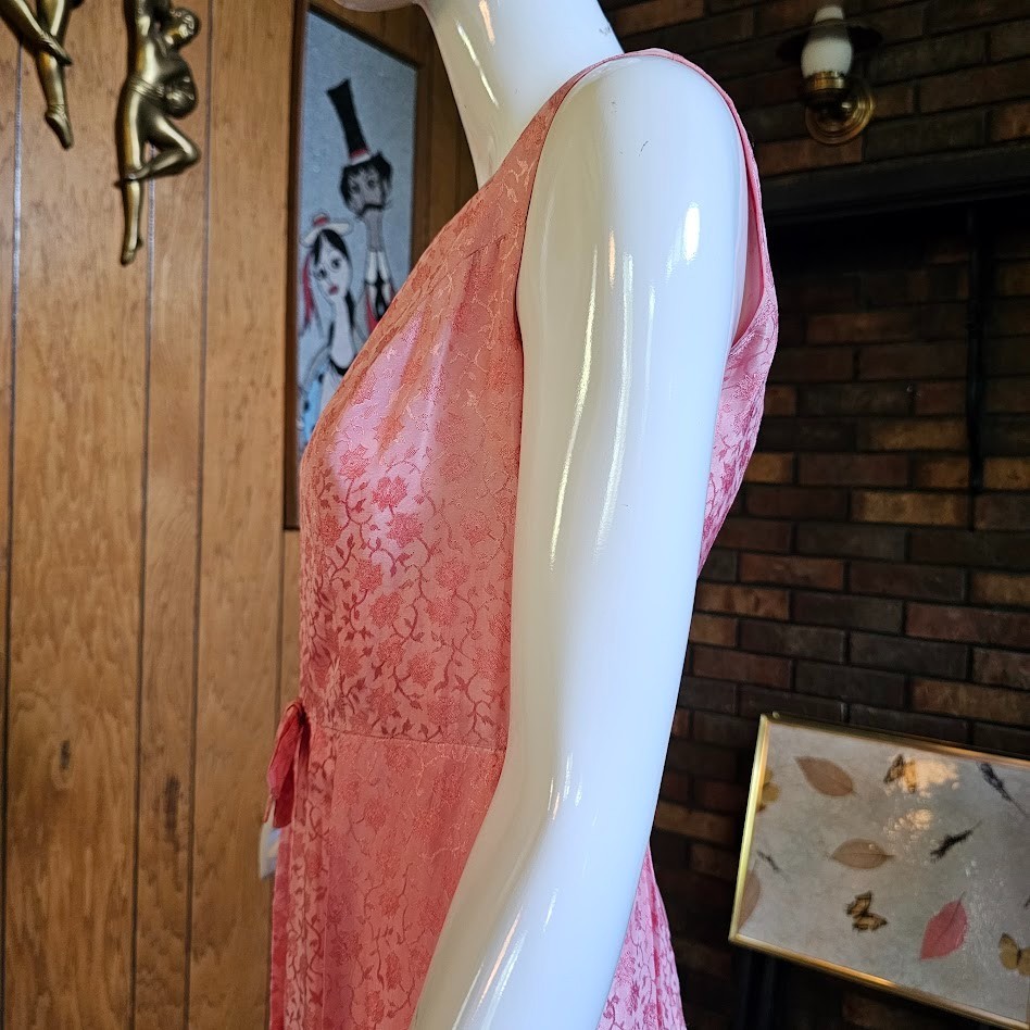 Vtg 60s Pink Brocade Empire Sleeveless Bridesmaid Formal Party Maxi Dress XS/S