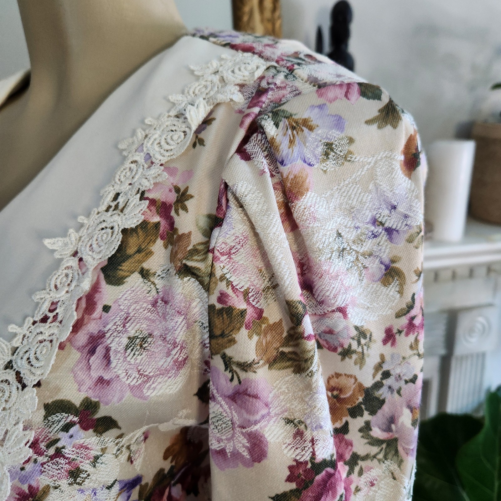 Vintage 80s Ivory Floral Blazer Lace Pink Fitted Cottagecore Romantic Size Large