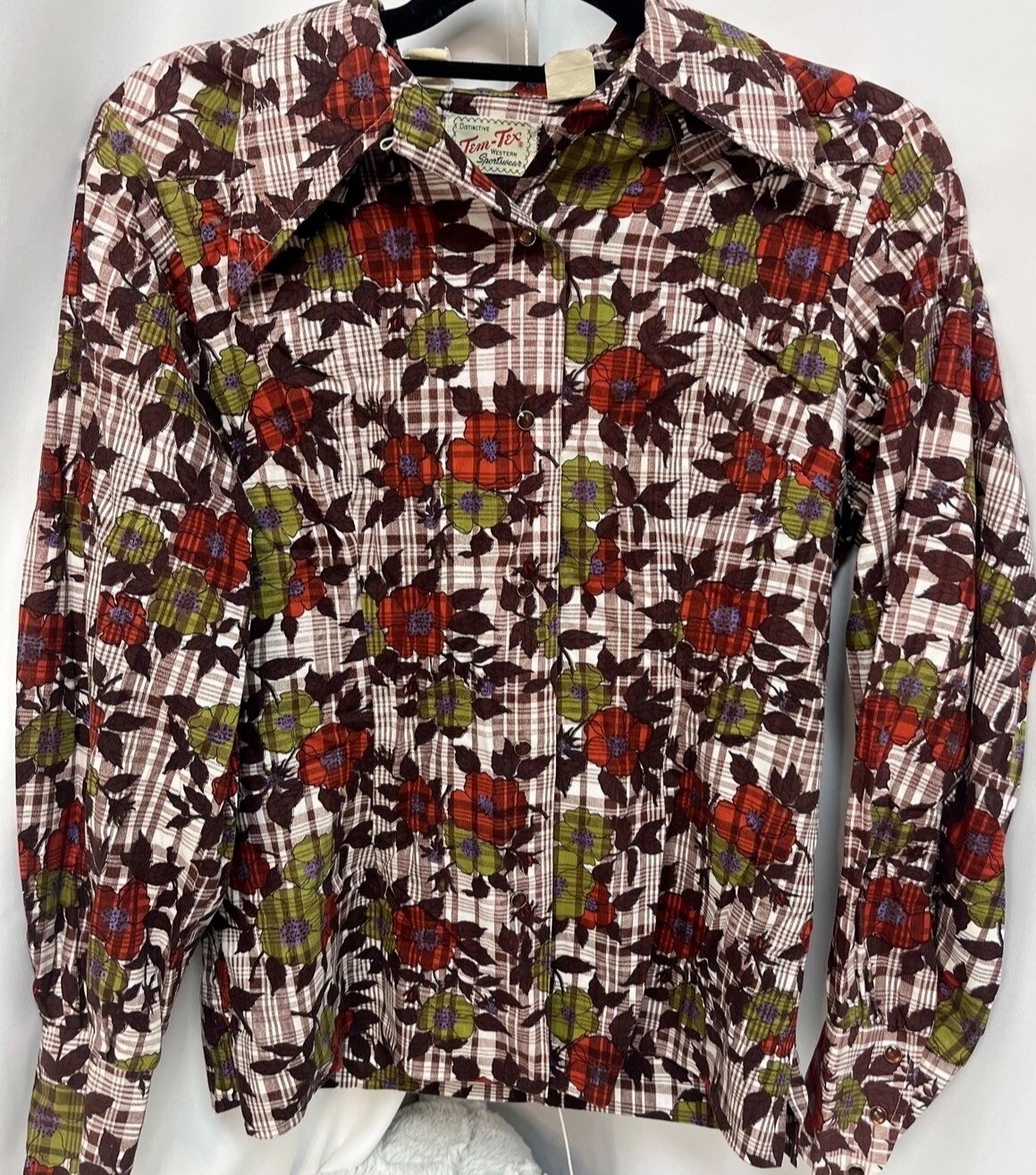 Vintage Tem-Tex Western Floral 70’s Blouse With Pearl Snaps Medium