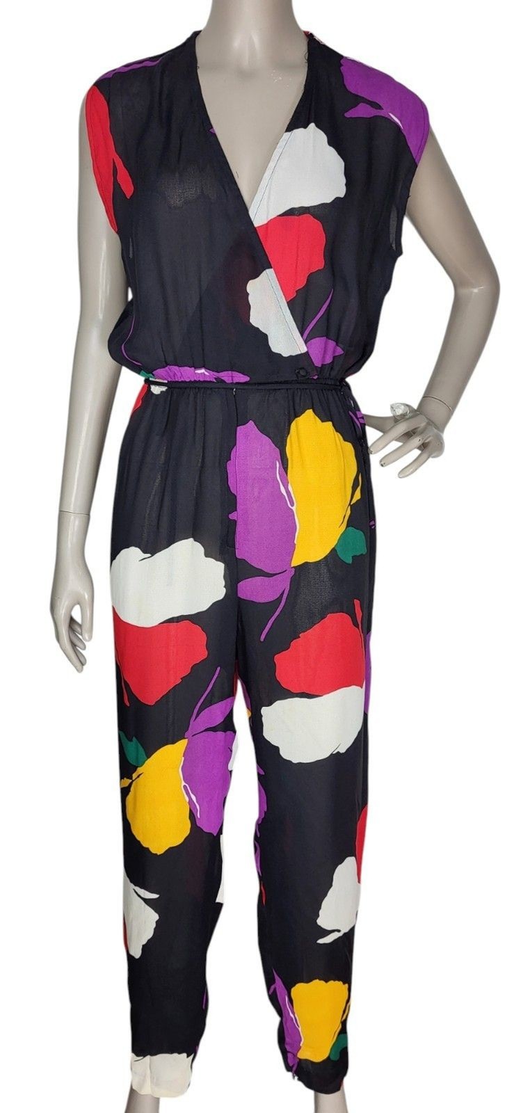 Vintage 70s/80s Ann Marie Black Abstract Floral Sleeveless Surplice Jumpsuit
