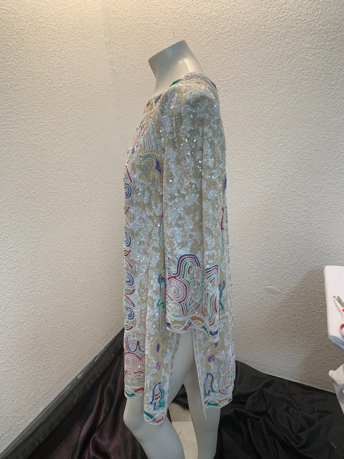 Vintage heavily beaded fabulous Mary McFadden tunic sz 16 pre owned cream/multi