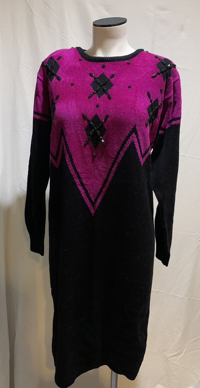 ❤️Vintage Plain Jane Knit Sweater Dress Hot Pink & Black With Sparkles Acrylic M