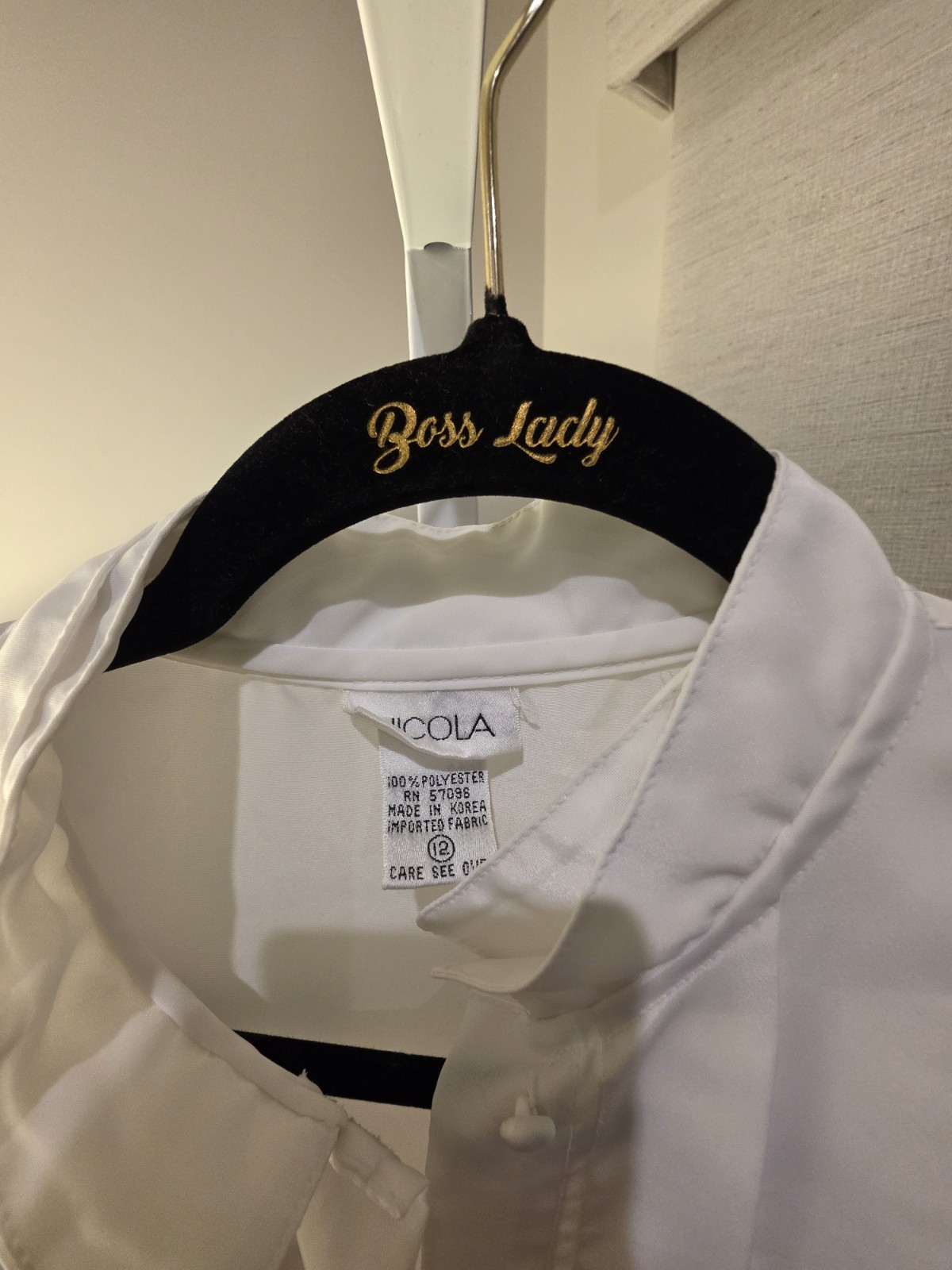 VTG Satin White High Collar Tuxedo Style Victorian Look Blouse Sz. 12