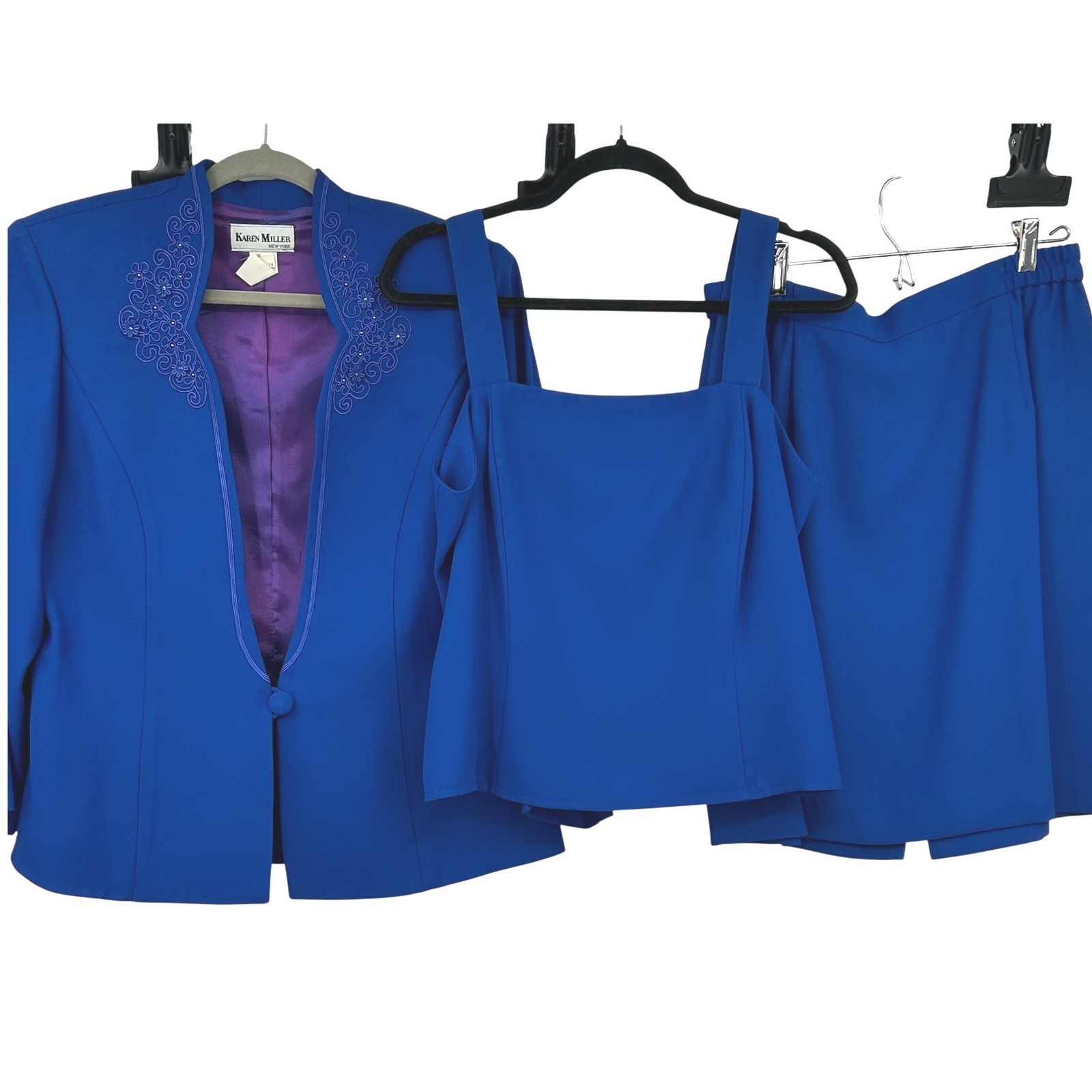 Womens Vintage 90s 3pc Skirt Suit Set Cobalt Blue Embroidered Karen Miller 14