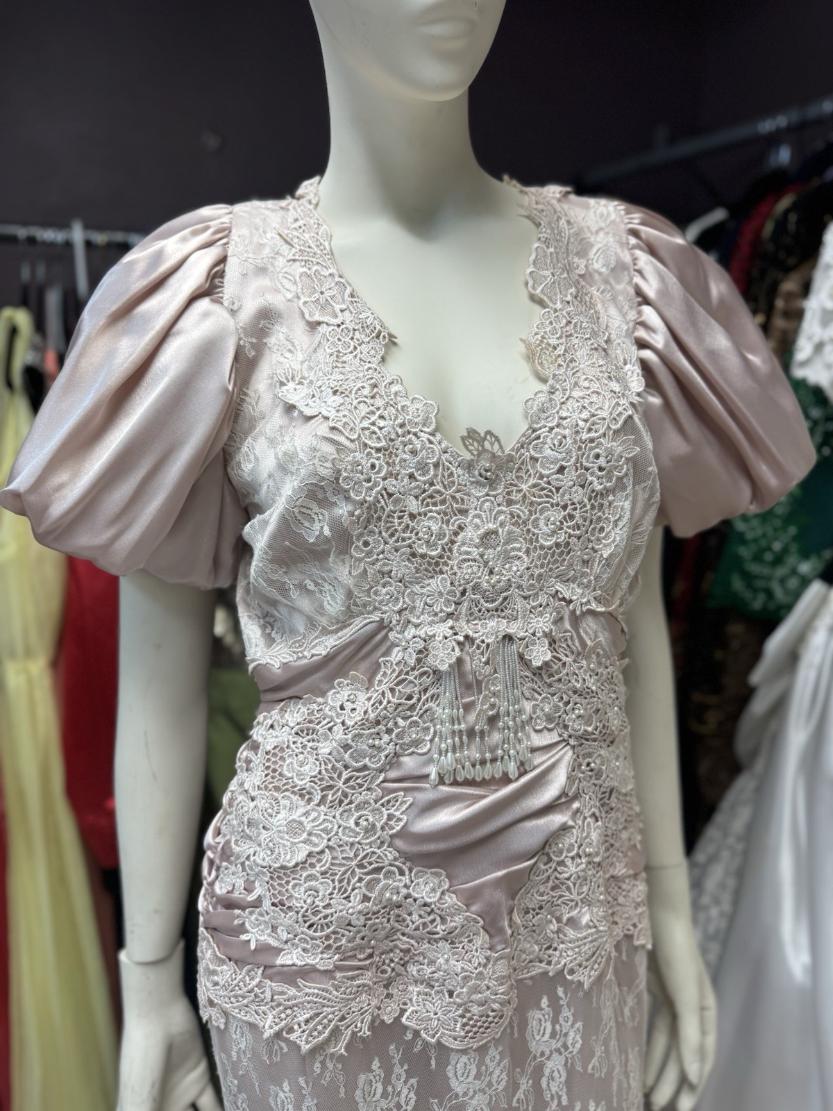 VTG 80s CACHET by Bari Protas Victorian Dusty Rose Satin & Lace Puff Dress S M