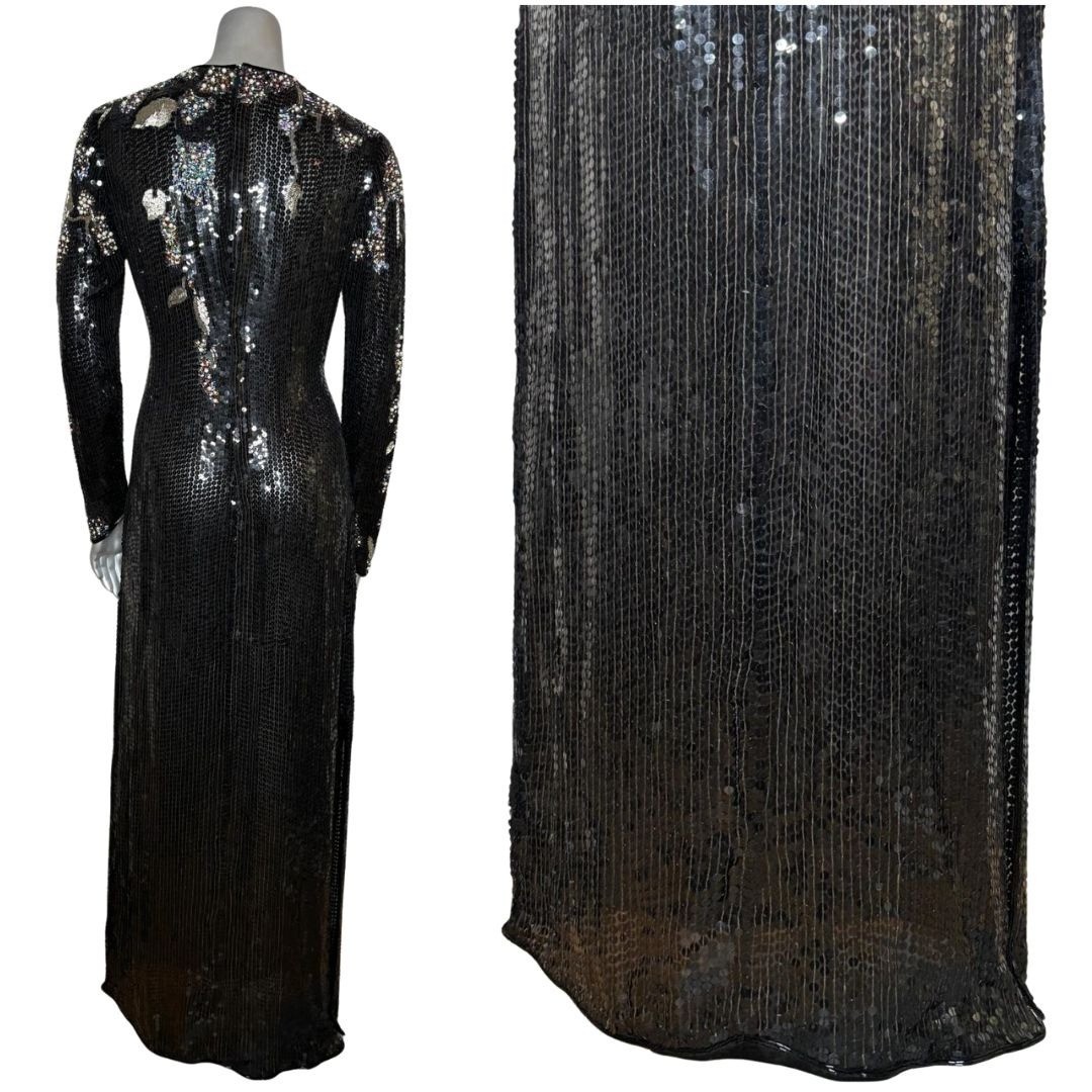 Vintage 90s RIAZEE Couture Black Beaded Sequin Silk Evening Gown Formal Dress 6