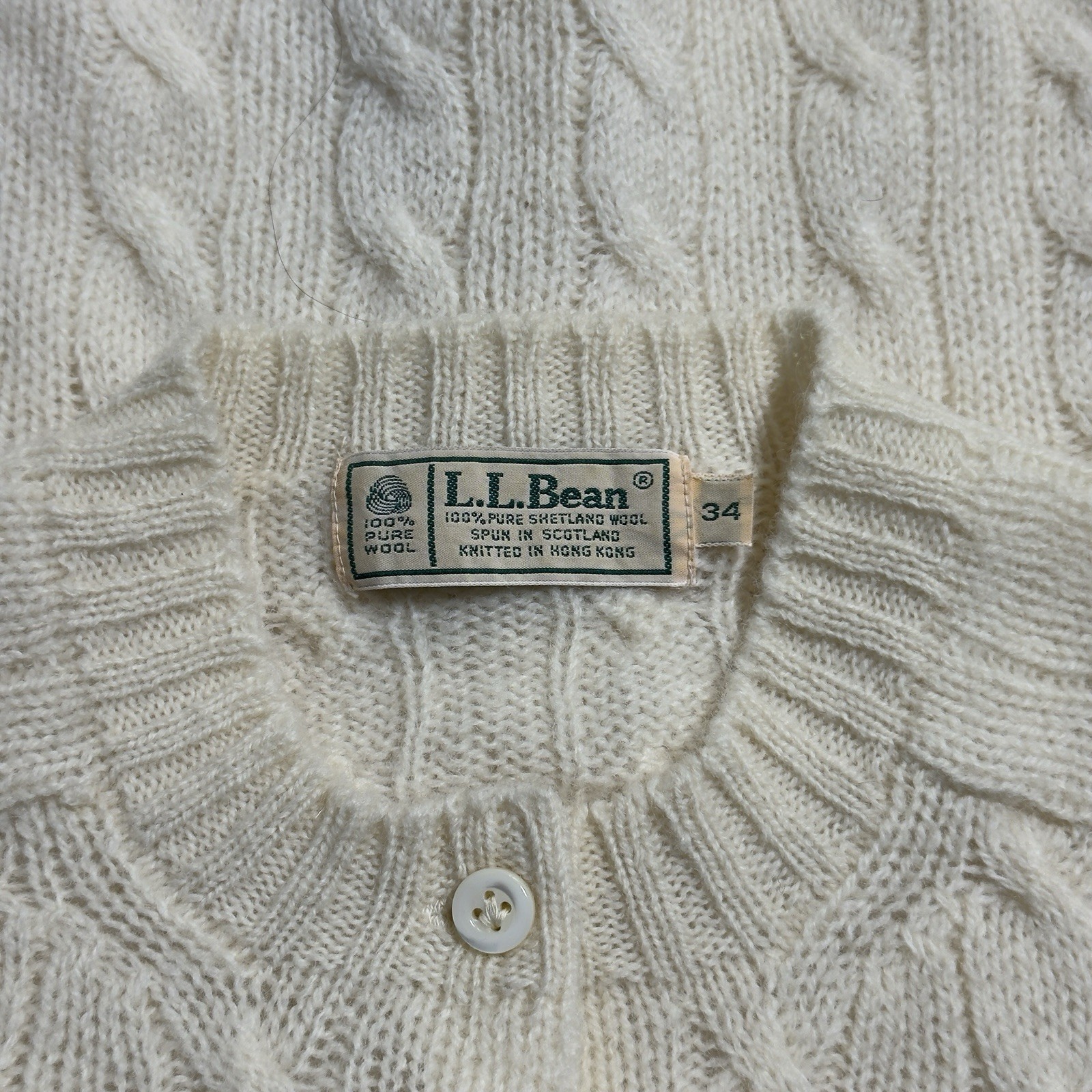 Vtg LL Bean 100% Cable Knit Cardigan Sweater Size 34