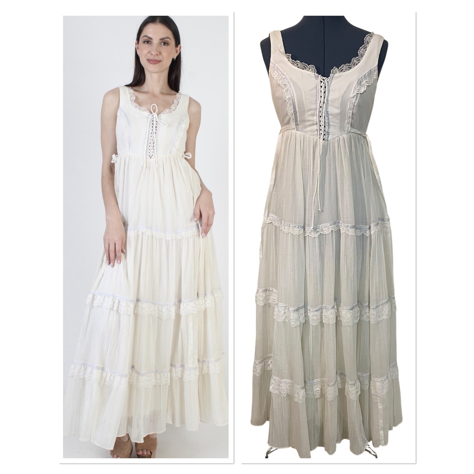Vtg Gunne Sax Jessica Cream Lace Blue Trim Tiered Maxi Dress Milkmaid Prairie XS