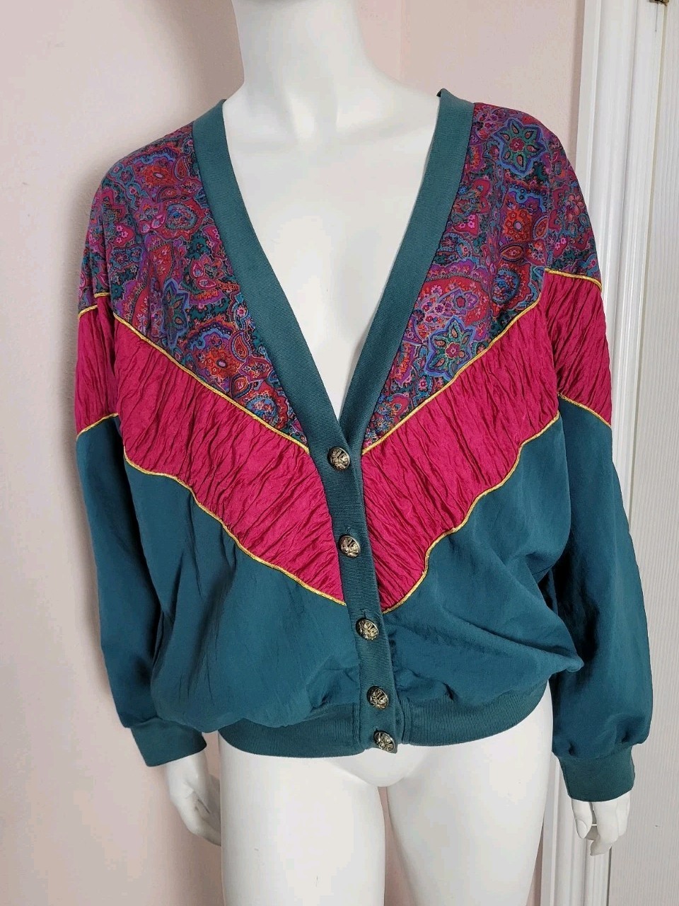 Vintage 80s/90s Silver Threads Teal & Fuchsia Paisley Cardigan – Made in USA