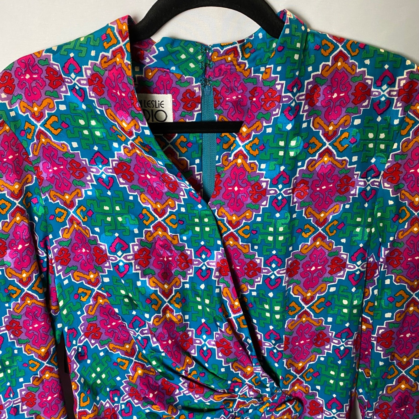 Joan Leslie Studio 100% Silk Wrap Dress Womens 10 Geometric Retro Vintage 80s
