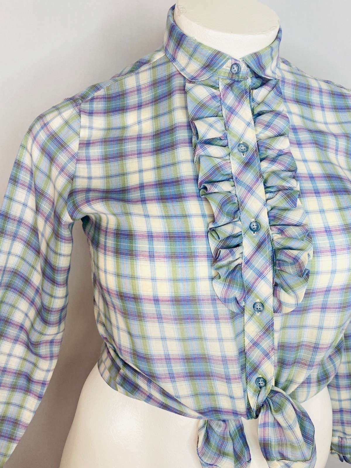 Vintage 1970s purple plaid blouse L ruffle long sleeve white green Victorian