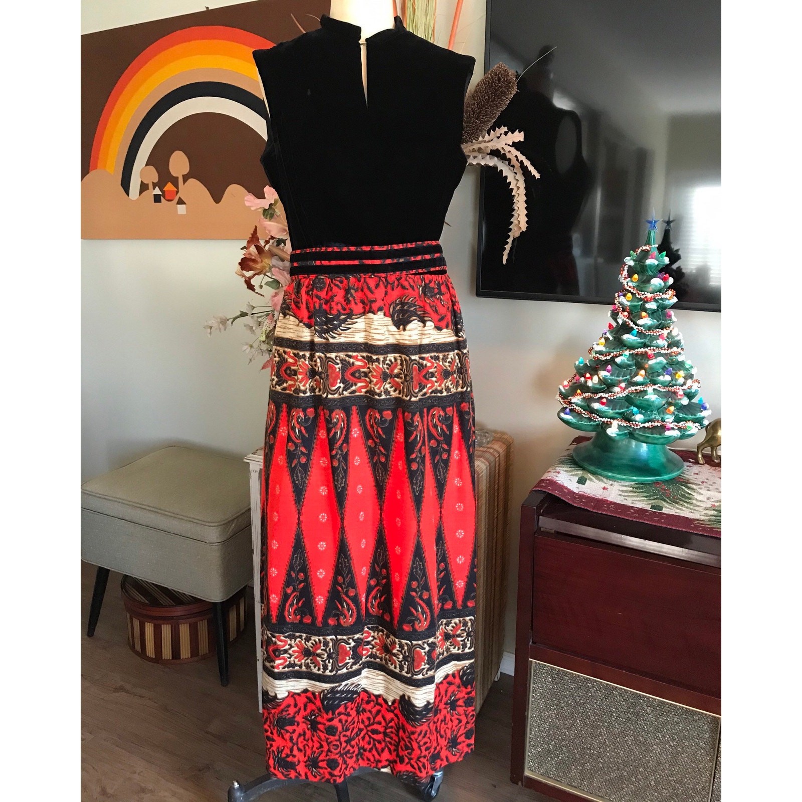 Vintage 1960s Carillon Black Velvet Maxi Dress Tiki Print Wool Skirt Gown Belt