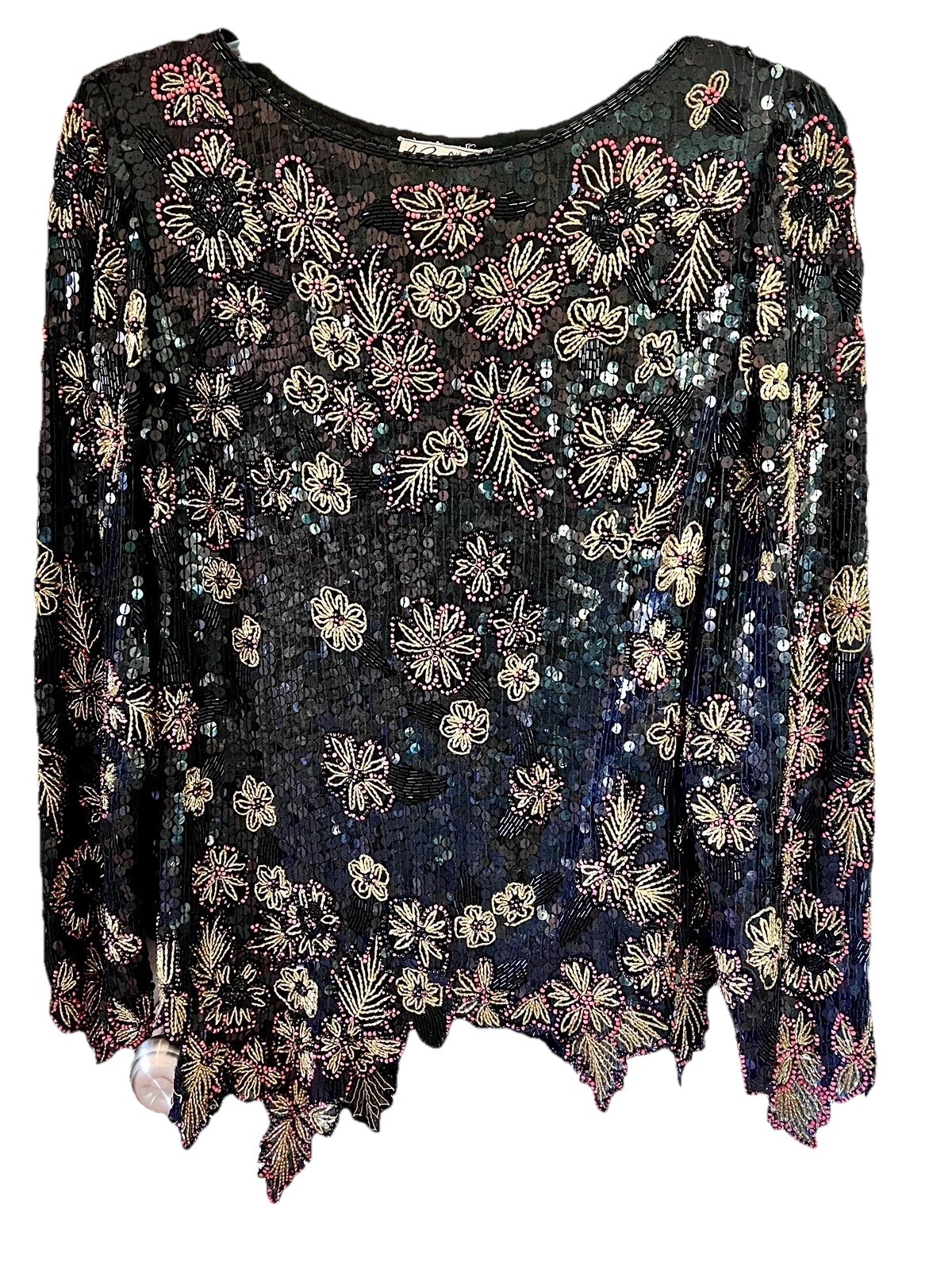 VTG Chanson D’Amour Black Party Sequin Beaded 100% Silk Top Sz S Asymmetrical