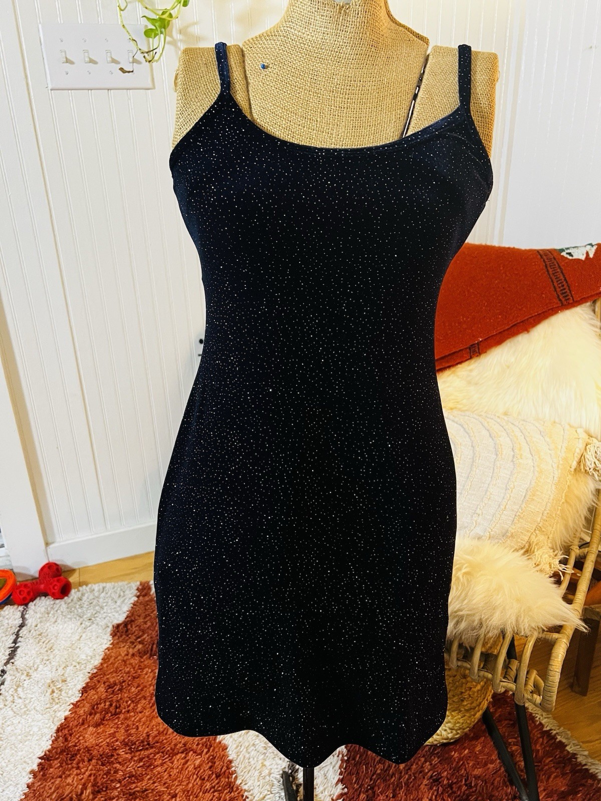 VTG Marian & Maral Dress Black And Sparkle 90s Stretchy Short Sleeveless SM