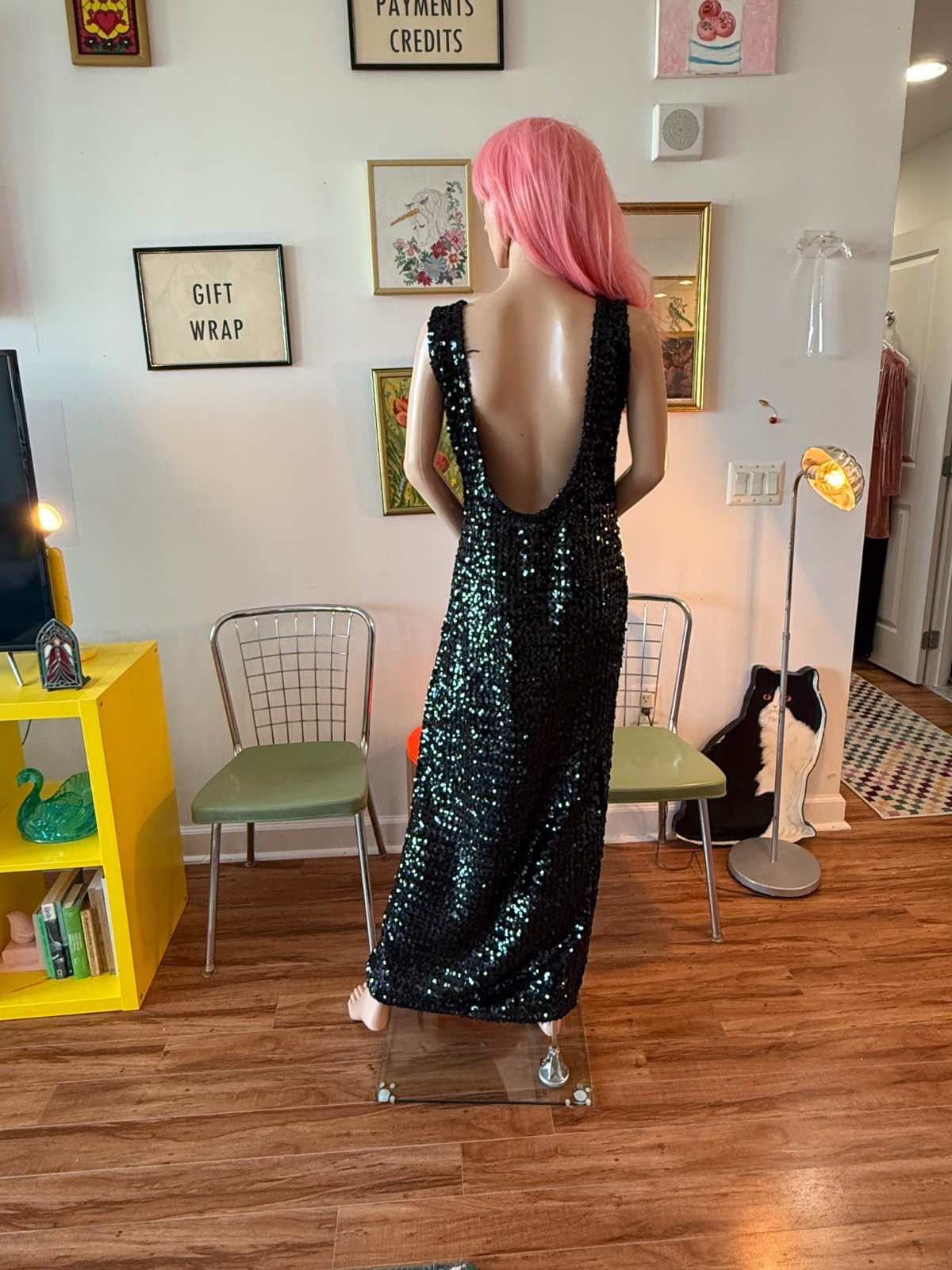 🖤 Vtg 60s Black Knit Bodycon Stretch Hourglass Showgirl Sequin Slit Dress L XL
