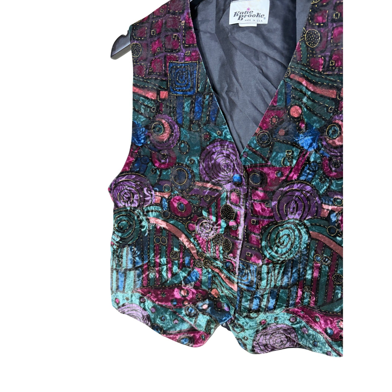 Vintage Katie Brooke Velvet Abstract Geometric Vest Multicolor Size 12 Made USA