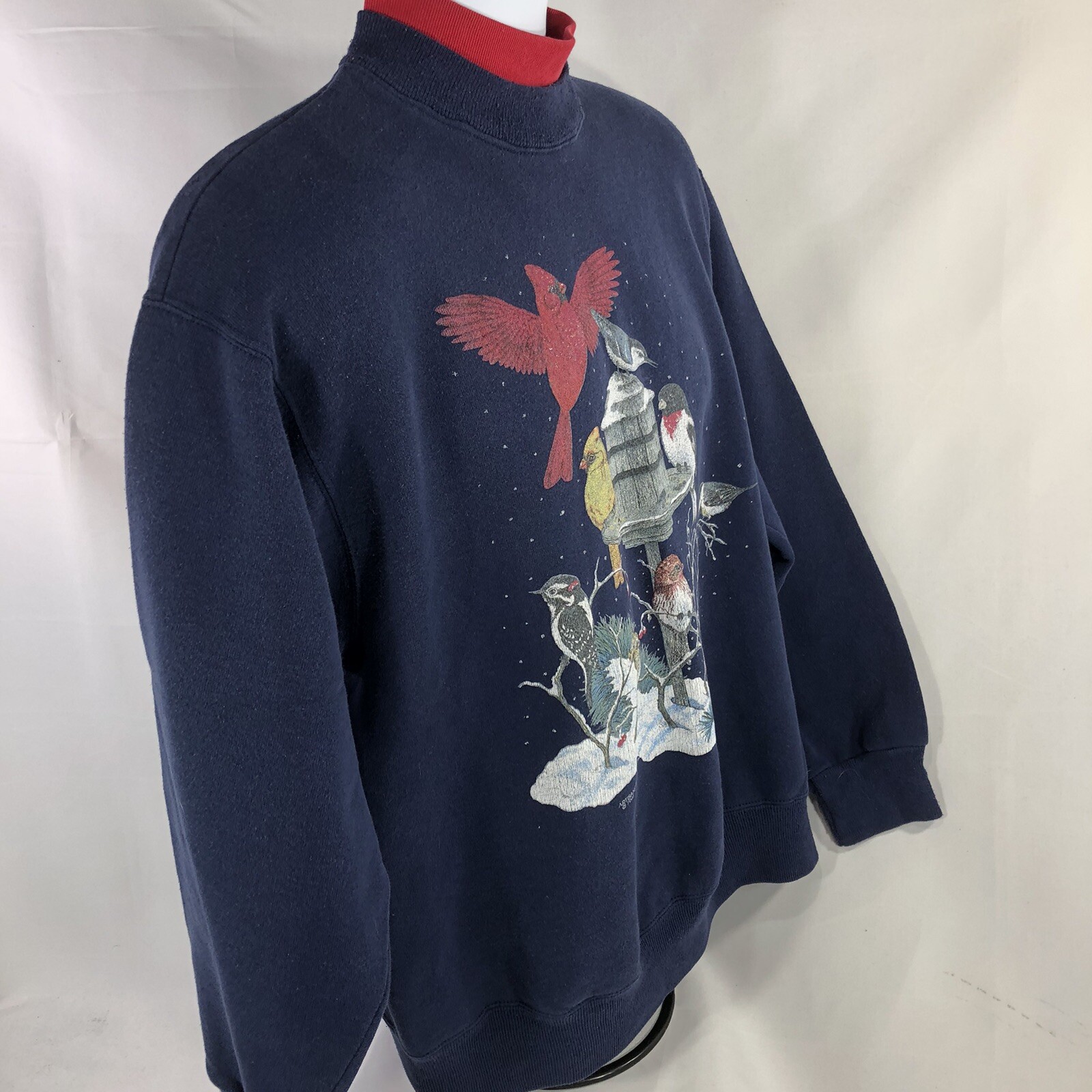 Vintage Cardinal Bird Feeder Winter Sweatshirt Layered Neck USA Made Large 90s