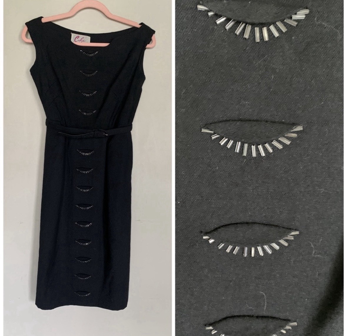 Vintage Carlye Mid-Century Black Belted Wool Beaded Bateau Neckline Midi Dress