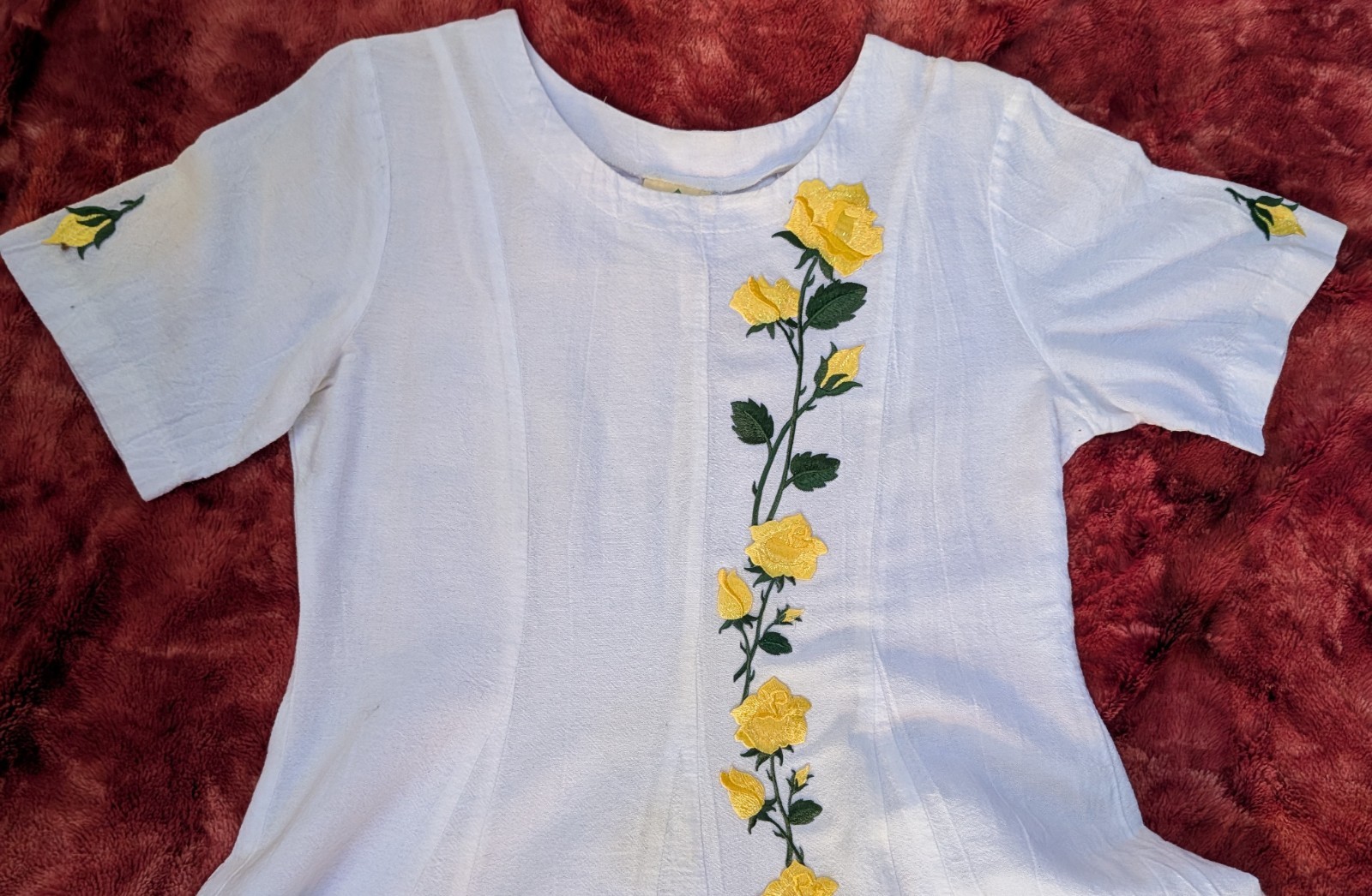 OOAK White Cotton VTG Maxi Dress Sz S Yellow Rose Appliques Cottagecore Boho