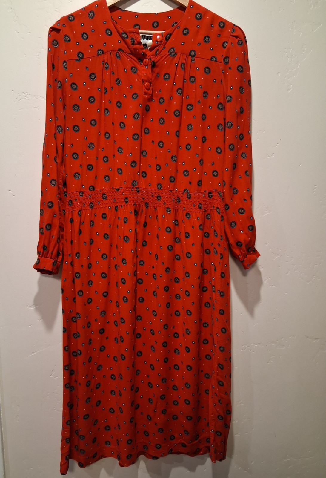 Wmn VTG 80s Red Gold Geometric L/S Dress Sz 10 Tomato Girl Mod Disco Retro Party