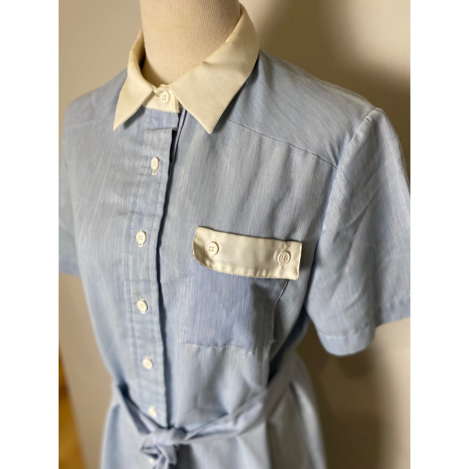 Vintage 1950s The Fifth Addition Blue Pinstripe Shirt Dress Contrast Collar Belt