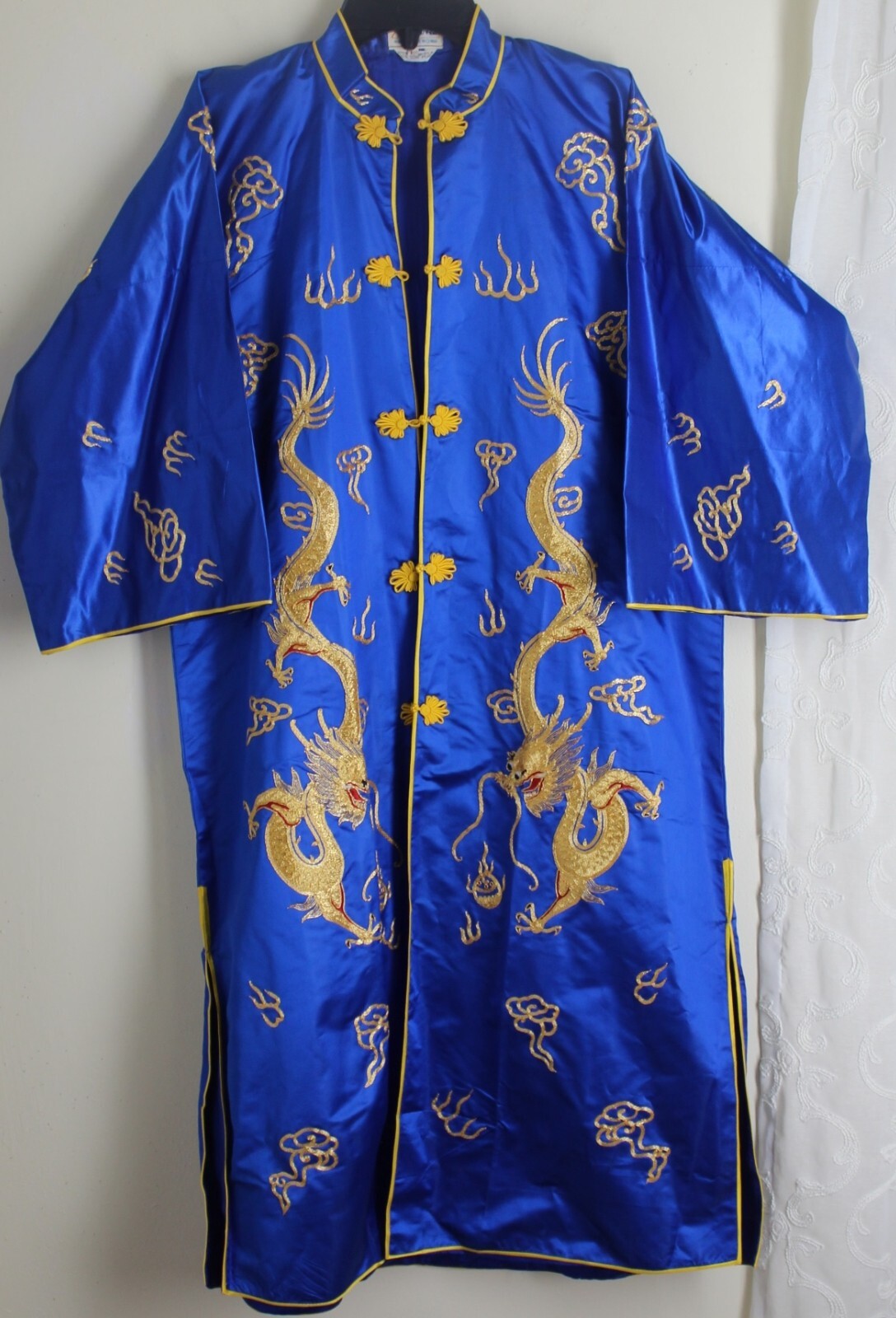 Estate Vtg ESME 80s Sz L M Sapphire Blue Hand-Embroidered Asian Robe Jacket