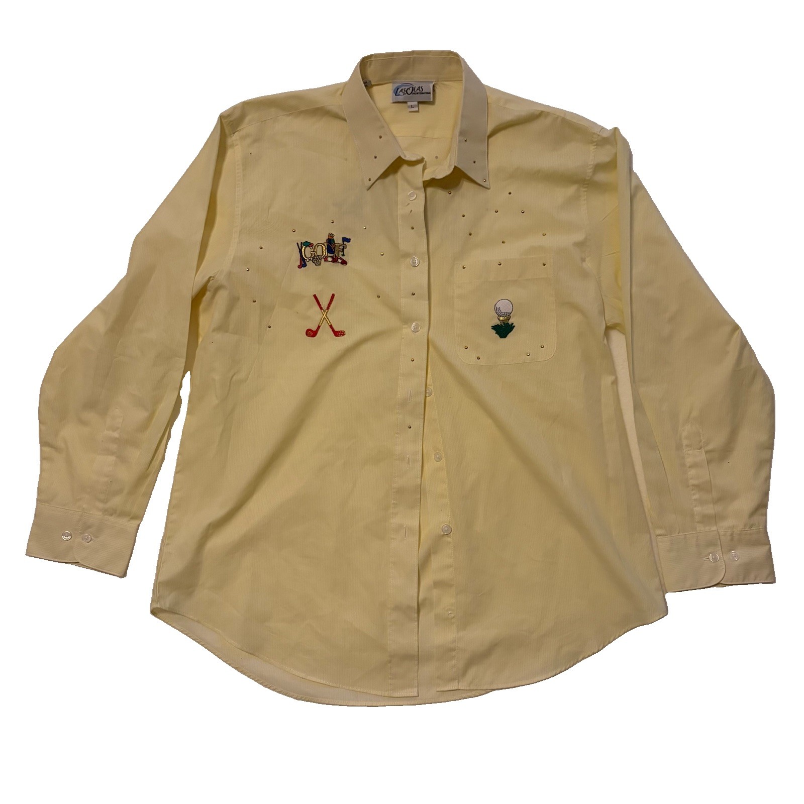 Las Olas Vtg Pinstripe Yellow Golf Embroidered Studded Button Shirt