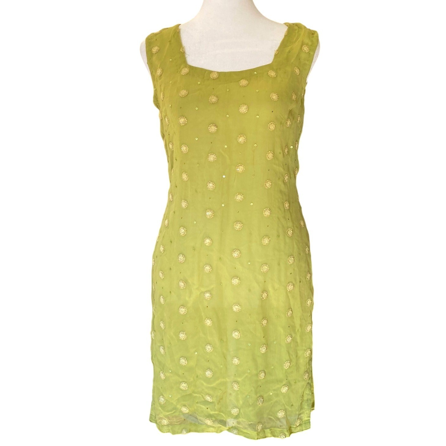 Vintage Silk Sheer Embroidered Green Shift Dress Medium Boho Fairy Ethereal Fest
