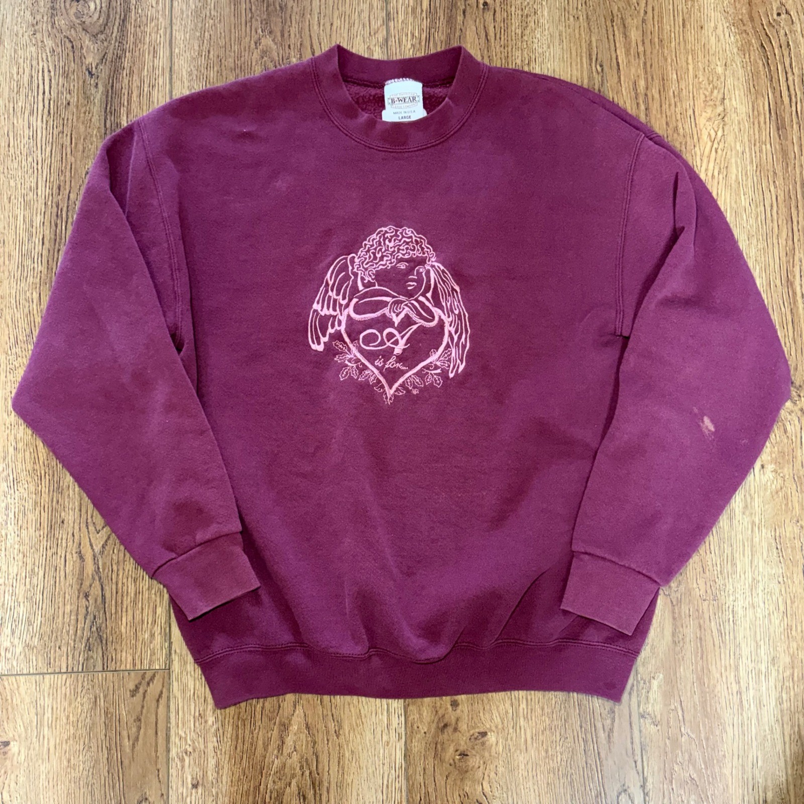 VTG B-Wear Maroon Cherub Angel Heart Embroidered Sweatshirt USA made 90s size L