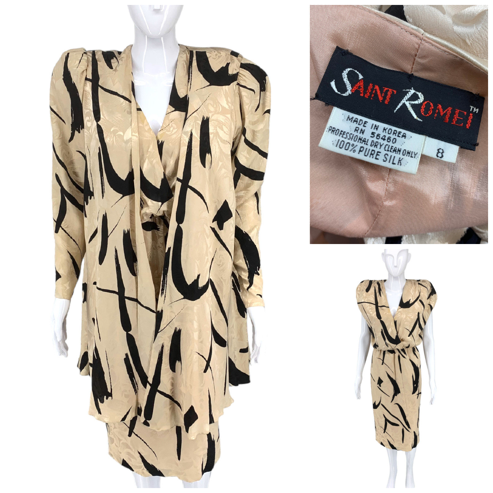 Vintage 1980’s Saint Romei Sz 8 100% Silk 2 Pc Set Dress Jacket Abstract Korea