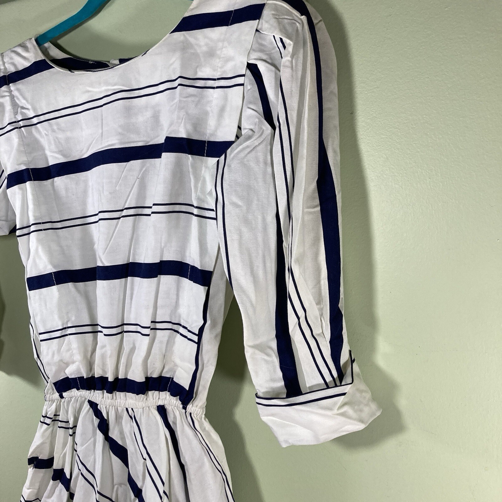 Vintage Choon California Dress 100% Cotton White w/ Stripes 3/4 Sleeve Size 7/8