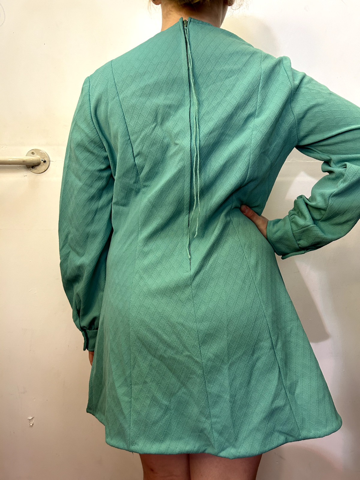 Vintage MODERN STYLE 1980s 60s Teal A-Line Mini Dress Crimplene Mod Go-go AU 14