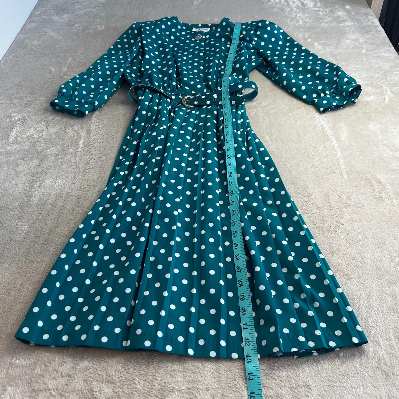 Vintage S/M 80s Lady Carol Petite Teal White Polka Dot Pleated Dress Belted Midi
