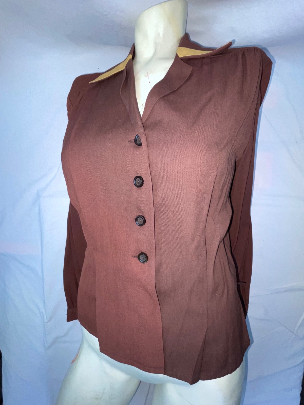 VTG 40S 50S WOMENS S GABARDINE RAYON BROWN BUTTON ROCKABILLY SHIRT TOP