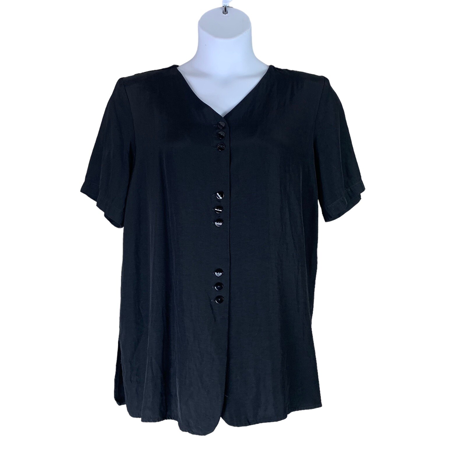 Vintage Blouse M/L Button Up Short Sleeved Black Top Shoulder Pads Willow Ridge