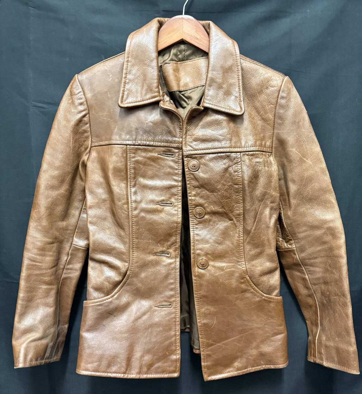 Small Vintage 1970s Danier Brown Tan Button Leather Biker Jacket