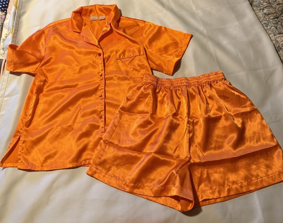 Vintage Etonne Sarah Richards Satin Pajama Set Orange S Shorts And Top