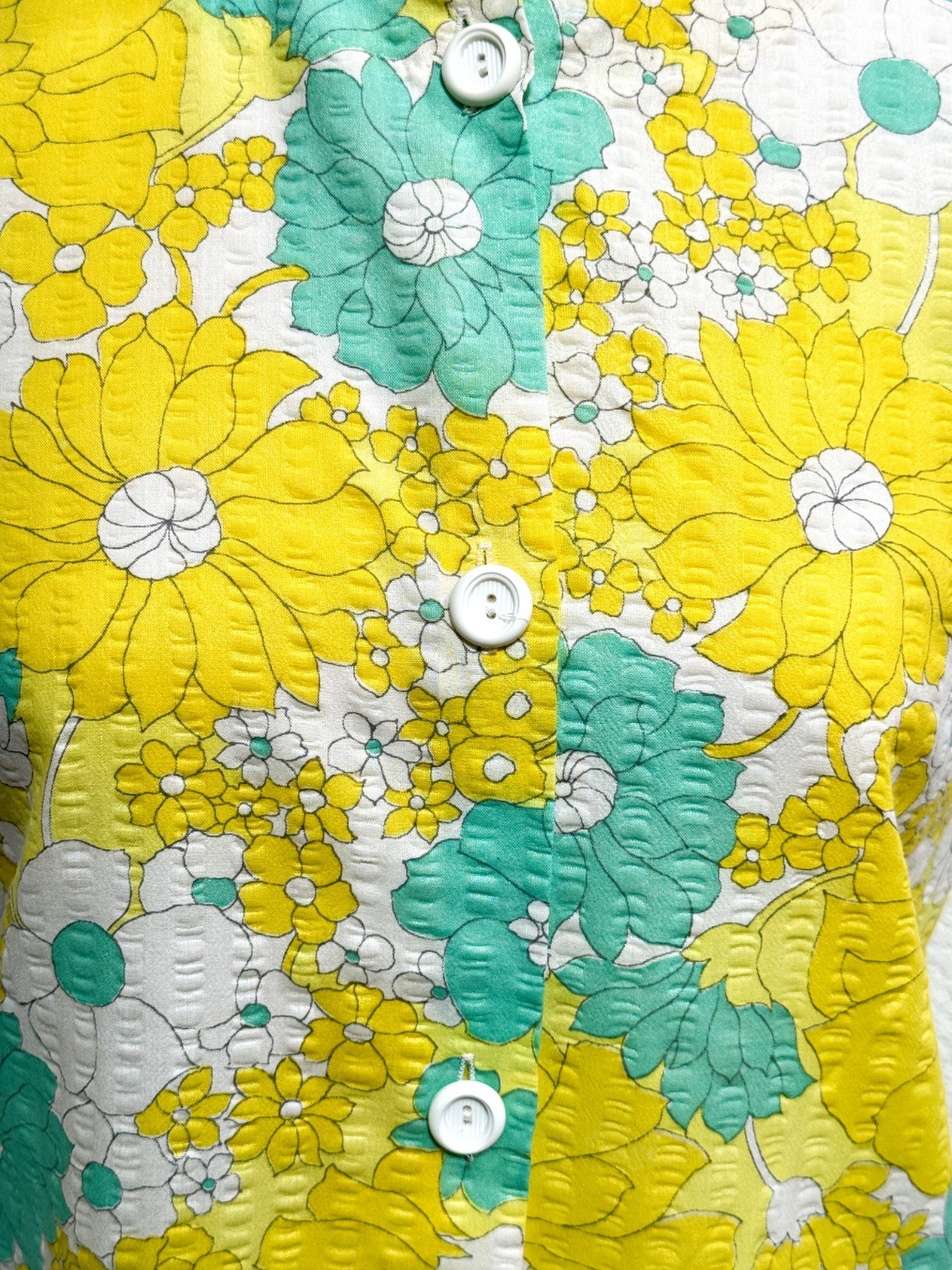 Vintage 1960s Yellow and Blue Floral Seersucker Mini Shift Dress Medium M