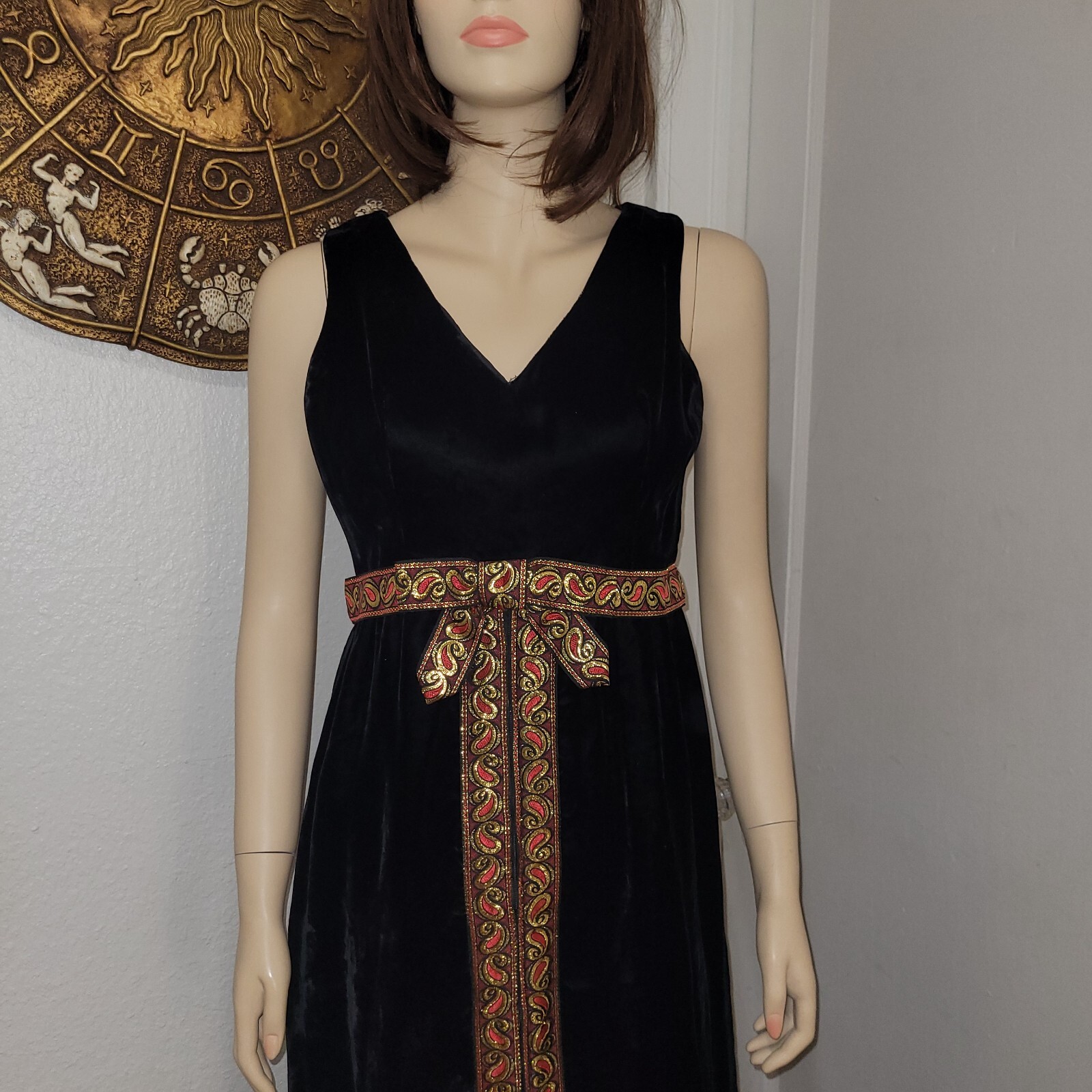 Mod Vintage Black Velvet Hostess Dress With Shorts Red & Gold Paisley Trim 1960s