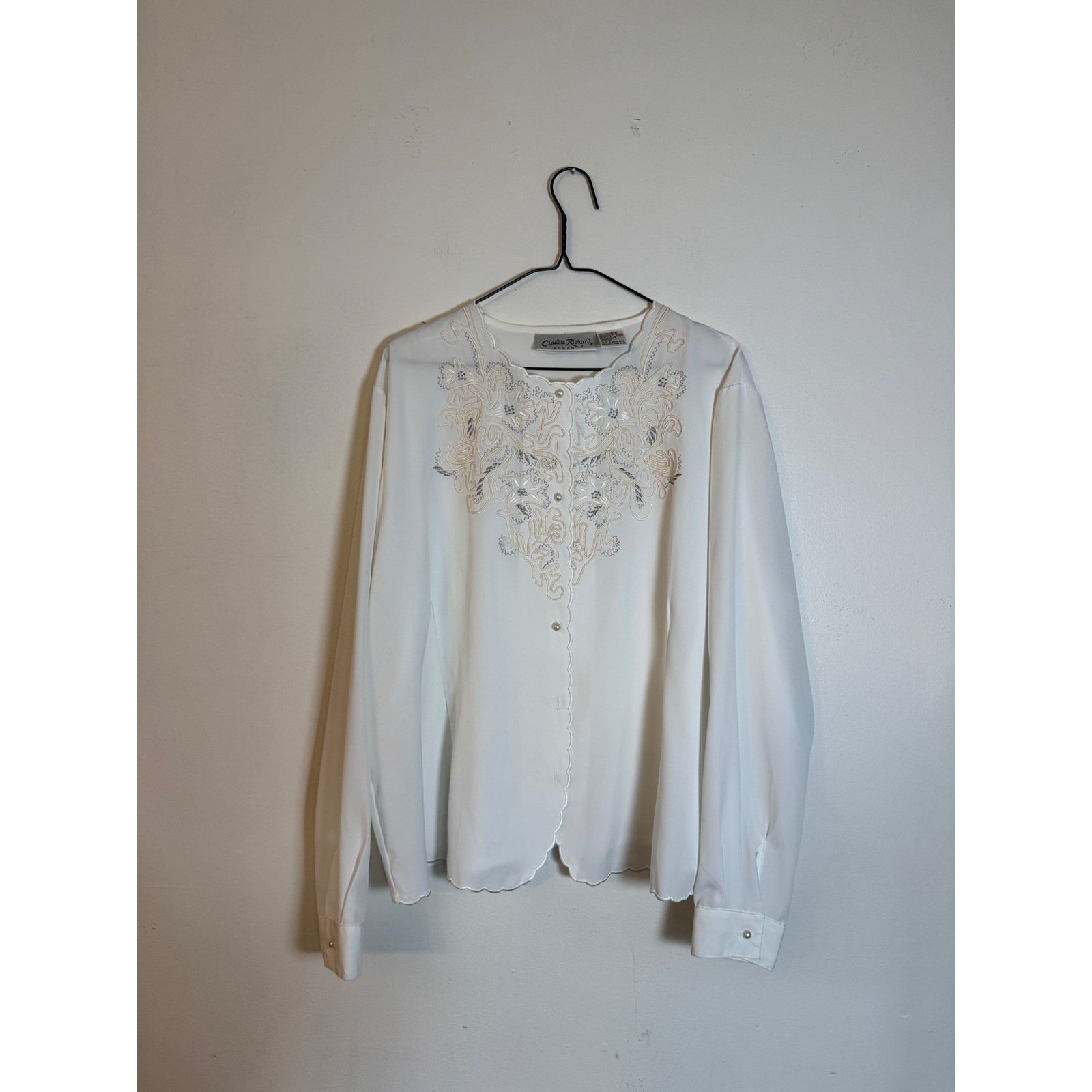 Vintage 90s Claudia Richard White Embroidered Scalloped Blouse Top 22W Plus Size