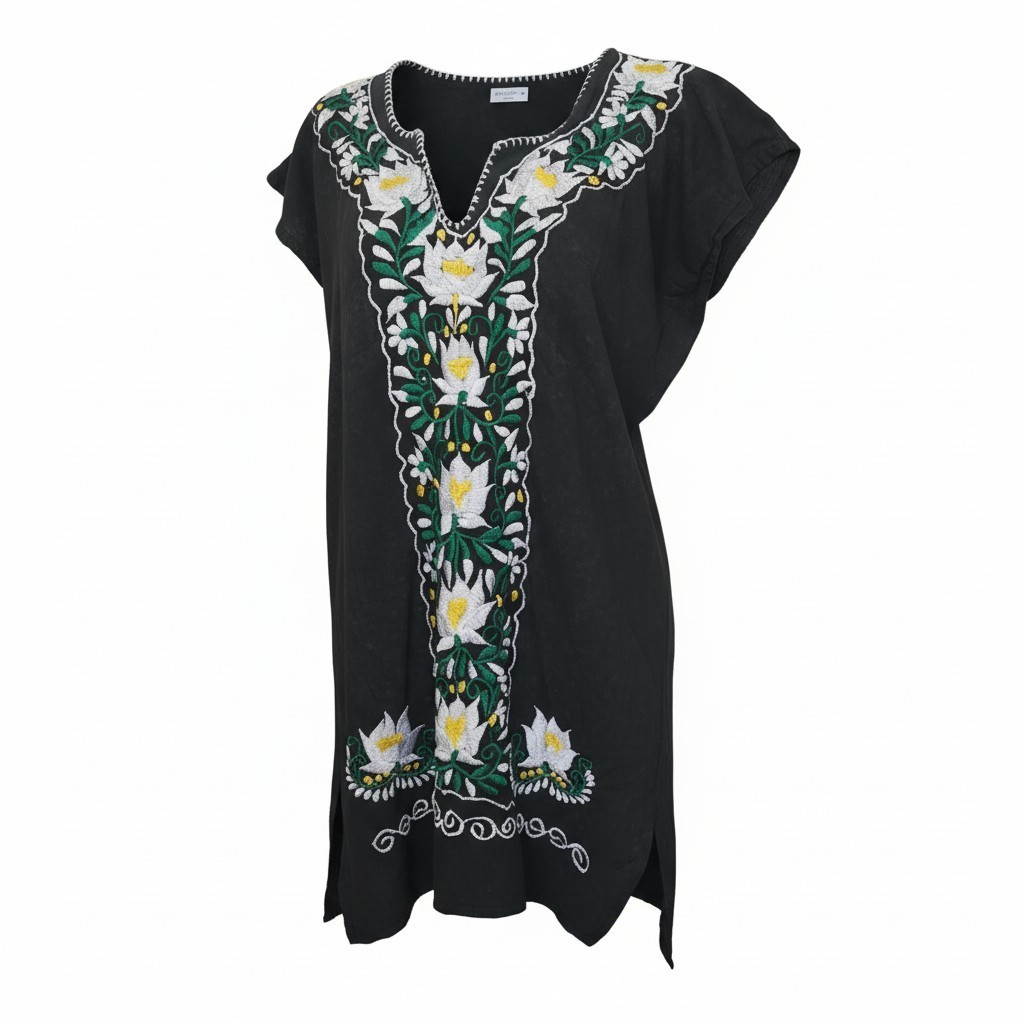 Vtg 70s Embroidered Ethnic Mexican Peasant Dress Boho Tunic L Black Lotus Resort