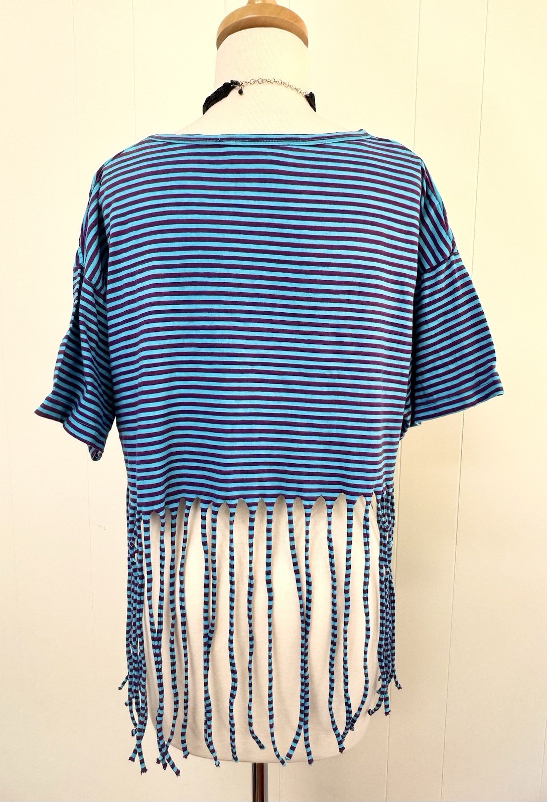 Vintage Jou Jou 80s Striped Crop Fringe Shirt Tee T One Size Blue Purple VTG