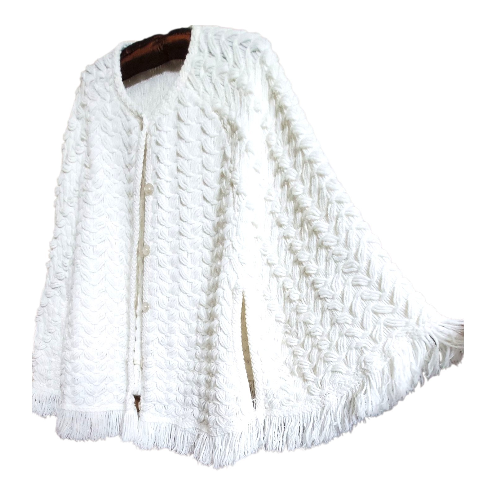 Vtg Fringed Sweater Poncho Cape Women’s OS Acrylic Knit Shawl With Arm Holes