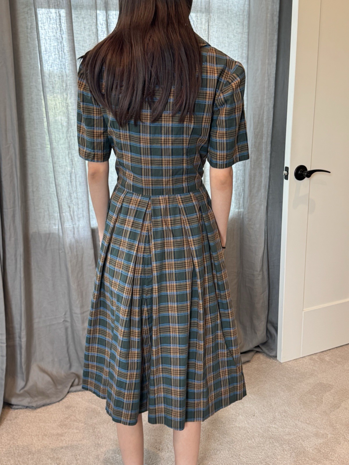 Vtg 50s Plaid Cotton Shirtwaist Dress Full Pleated Skirt M