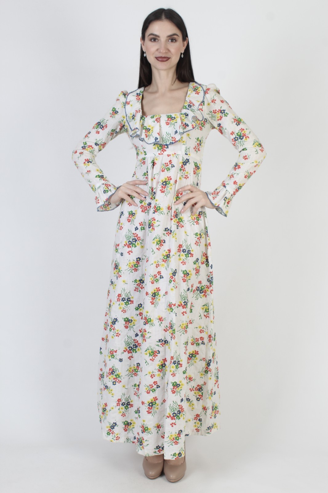 Vtg White Floral Prairie Dress 70s High waist Cottagecore Boho Peasant Gown