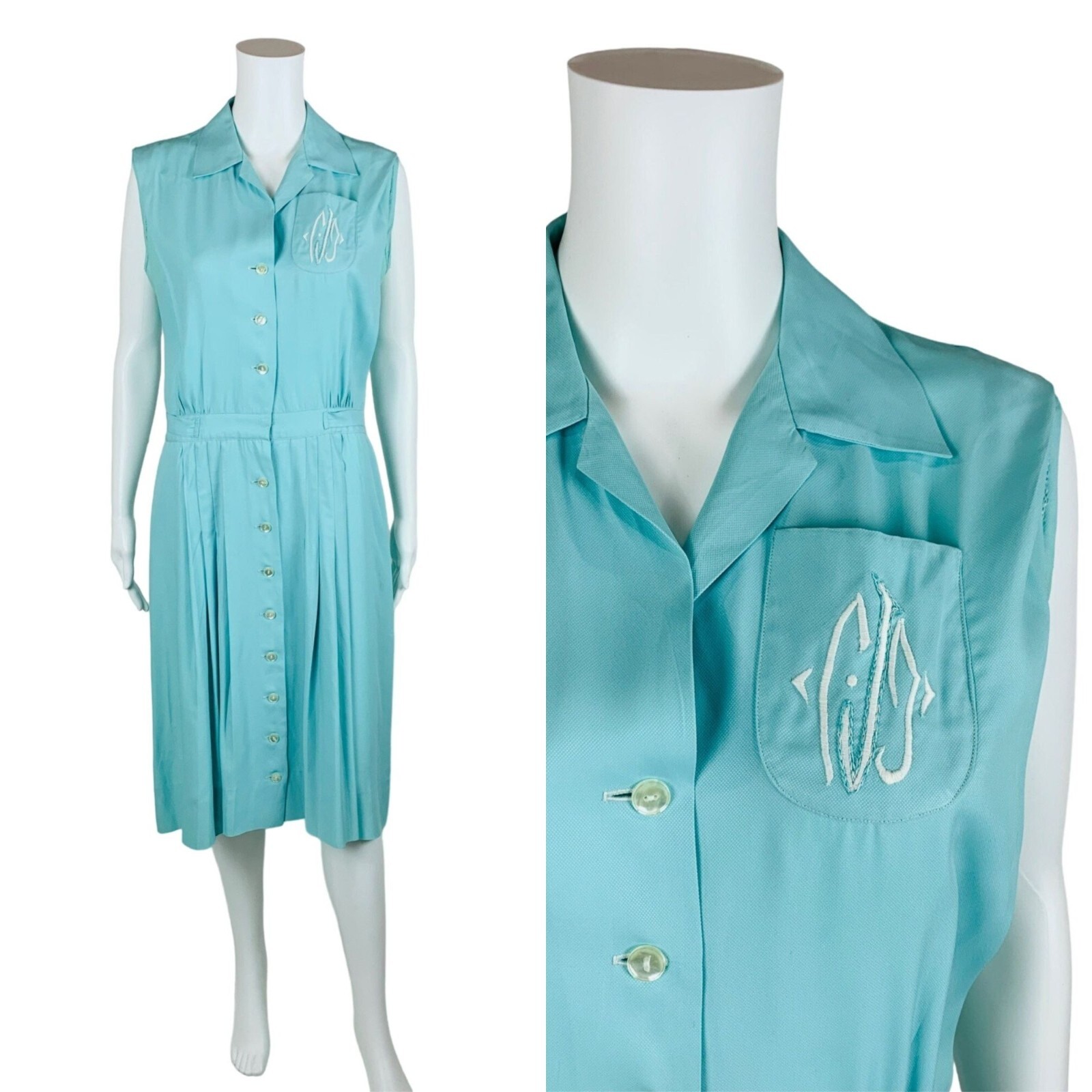 Vintage 1940s Baby Blue Shirtdress Shaker Square Embroidered Day Dress | W 31″