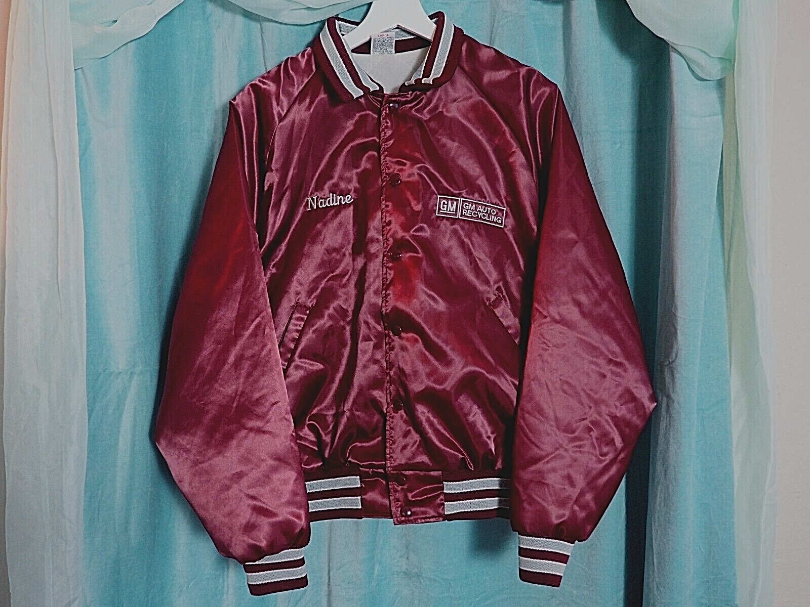 VTG 80s/90s US Made Aristo Jac GM Motors Burgundy Red Satin Snap Bomber Jacket L