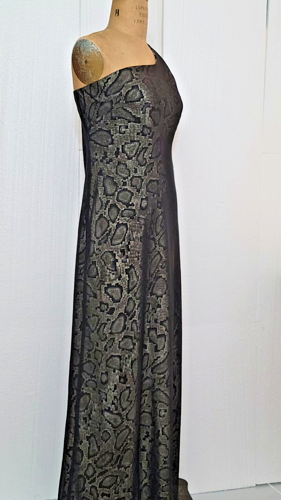 vintage 1990s one shoulder maxi snakeskin slip dress / black chiffon overlay